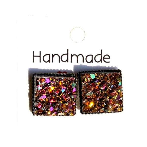 gallery_of_gems Jewelry - Copper Magenta Chunky Druzy Square Bronze Earrings